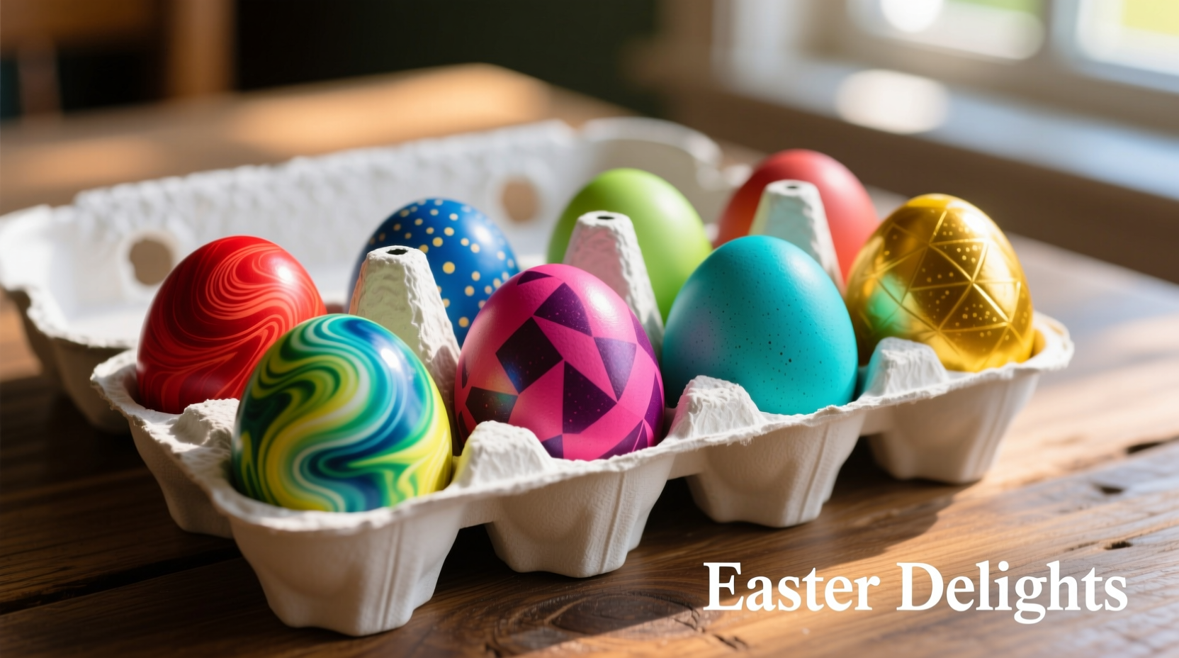 Colorful eggs in various food dye shades arranged in egg carton