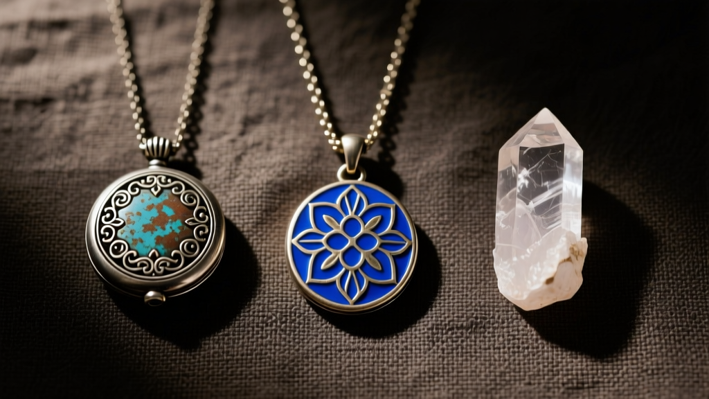 Flat lay of indie pendants including a retro enamel charm, an oxidized silver locket, and raw quartz crystal on dark linen.
