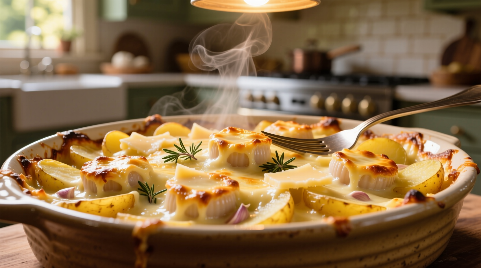 Jakobsmuscheln mit Kartoffelgratin und goldener Käsekruste