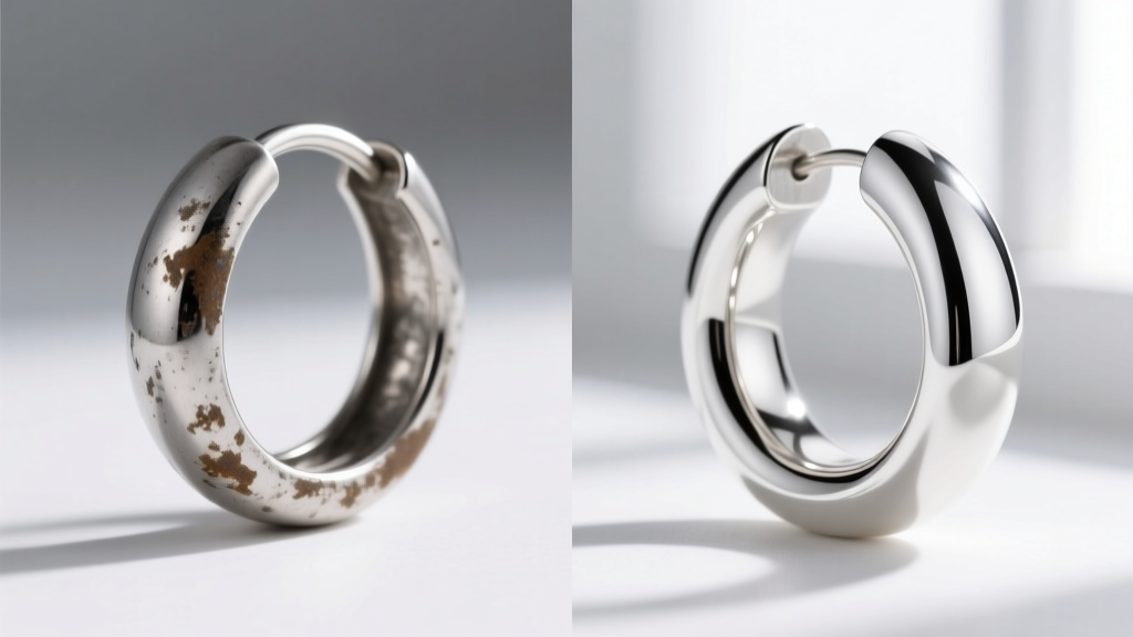 Split-screen comparison showing a tarnished standard sterling silver hoop next to a bright polished argentium silver hoop