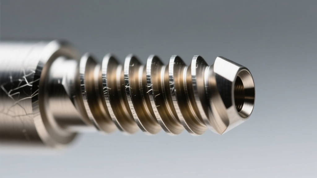 Close-up of a machined internal thread on a 16-gauge titanium nose screw showing the precise thread pitch and polished surface