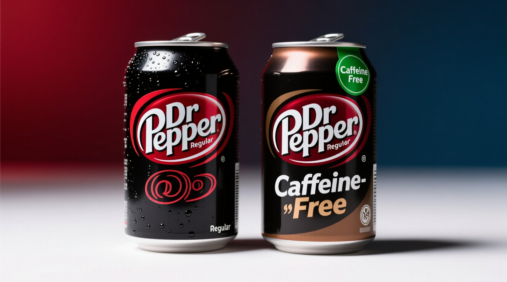 Dr Pepper cans showing regular and caffeine-free versions