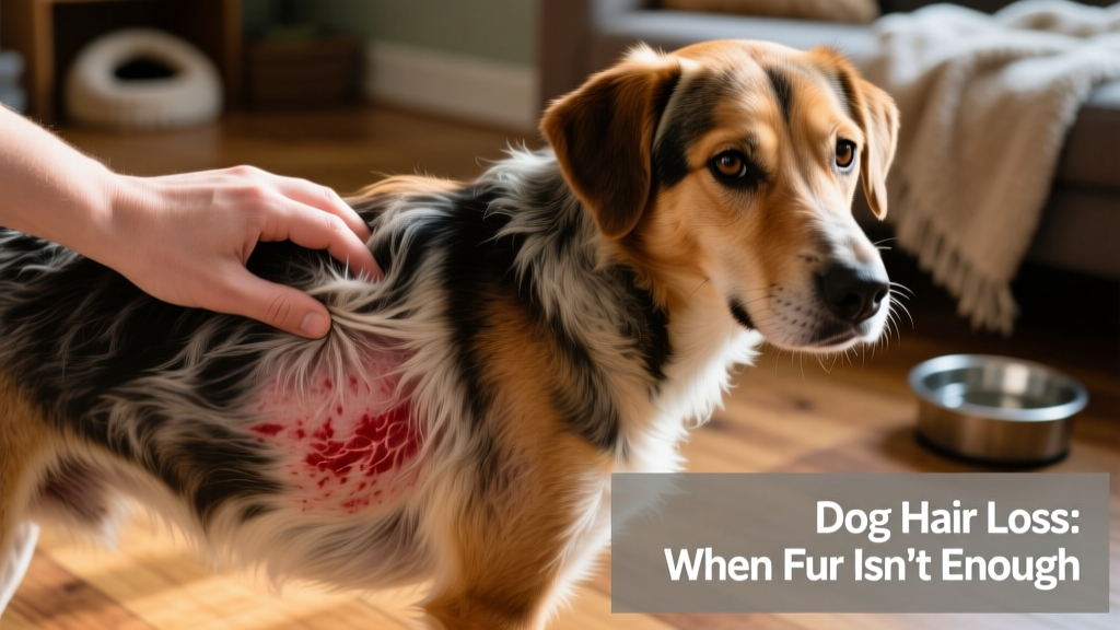 A hand parting a dog's fur to reveal red, irritated skin underneath