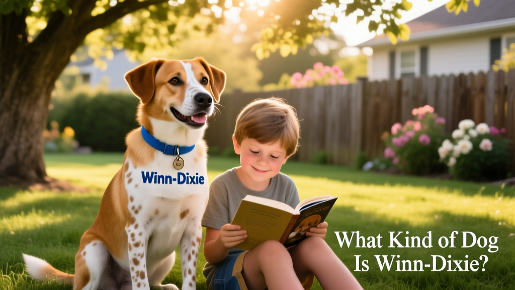 A happy, healthy mixed-breed dog similar to Winn-Dixie — tan-and-white coat, friendly expression, wearing a simple blue collar — sitting beside a child reading a book outdoors