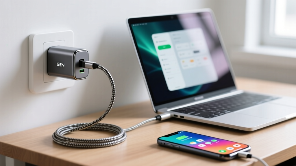 Close-up of a GaN wall charger plugged into a desk-mounted outlet, powering a laptop and smartphone with braided USB-C cables.