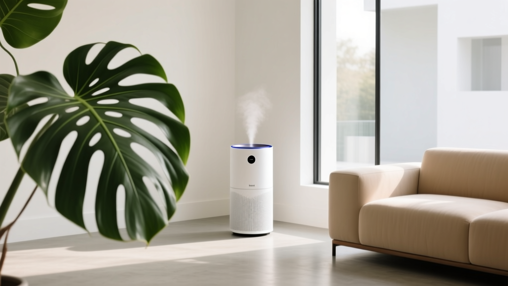 Sleek white Dyson air purifier humidifier standing in the corner of a bright modern living room next to a large monstera plant