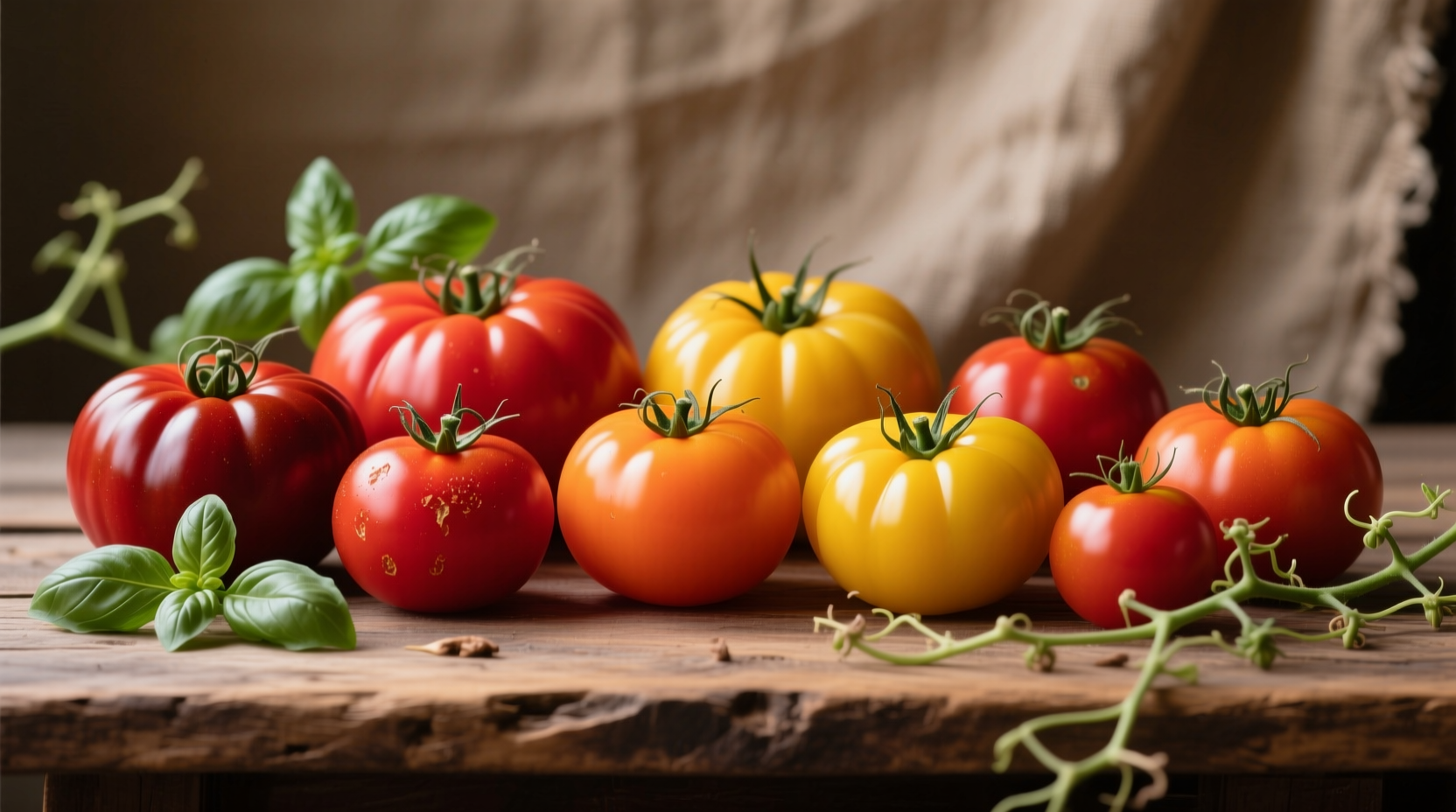 Various tomato varieties showing color spectrum from red to yellow