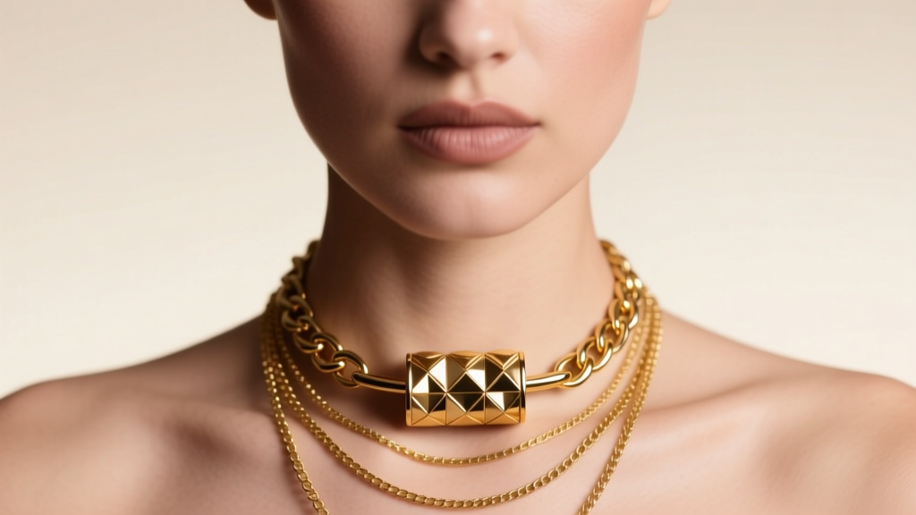 Close-up of a model wearing a layered gold necklace stack with a prominent textured barrel clasp at the front, soft studio lighting.