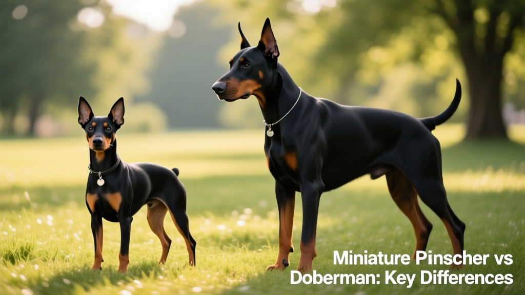 Side-by-side comparison of a Miniature Pinscher and a Doberman standing confidently on grass