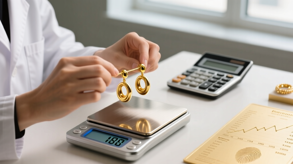 Jeweler weighing hollow 18k gold hoops on a digital scale, with a calculator and gold price chart in the softly blurred backdrop.
