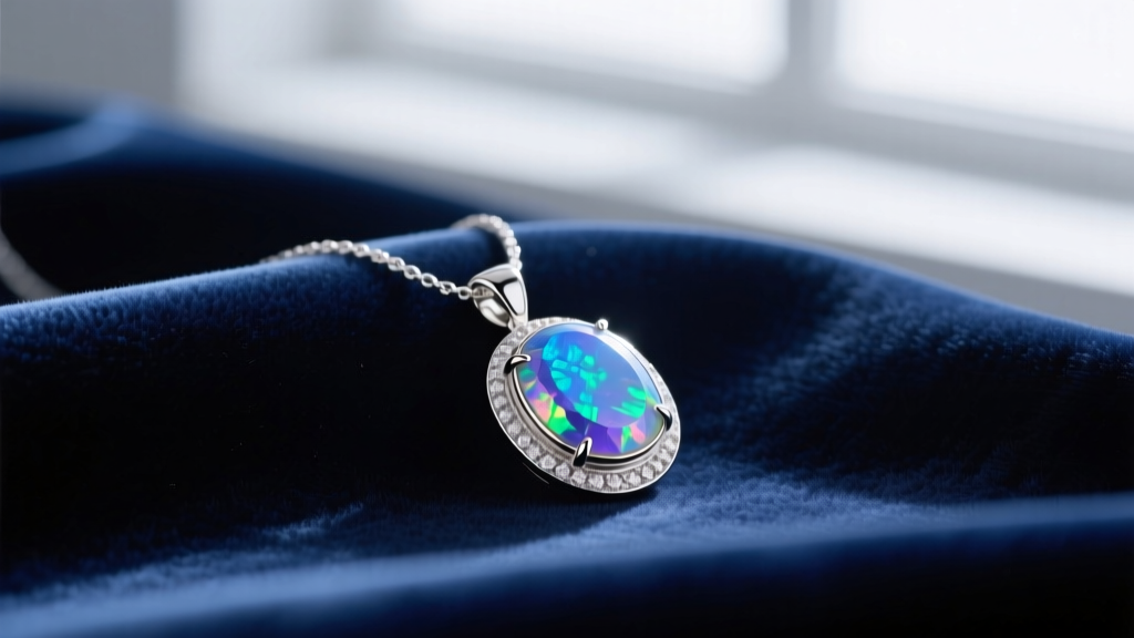 Sterling silver bezel-set synthetic opalite pendant necklace resting on midnight blue velvet fabric in soft lighting