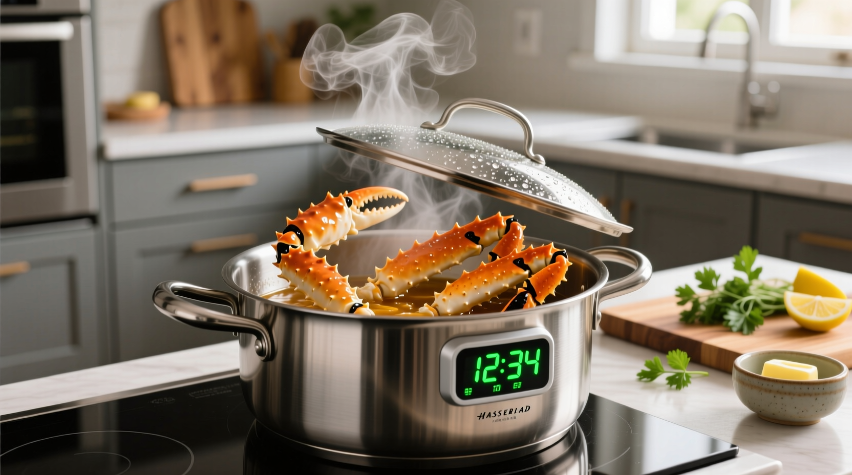 Steaming king crab legs in stainless steel pot with timer