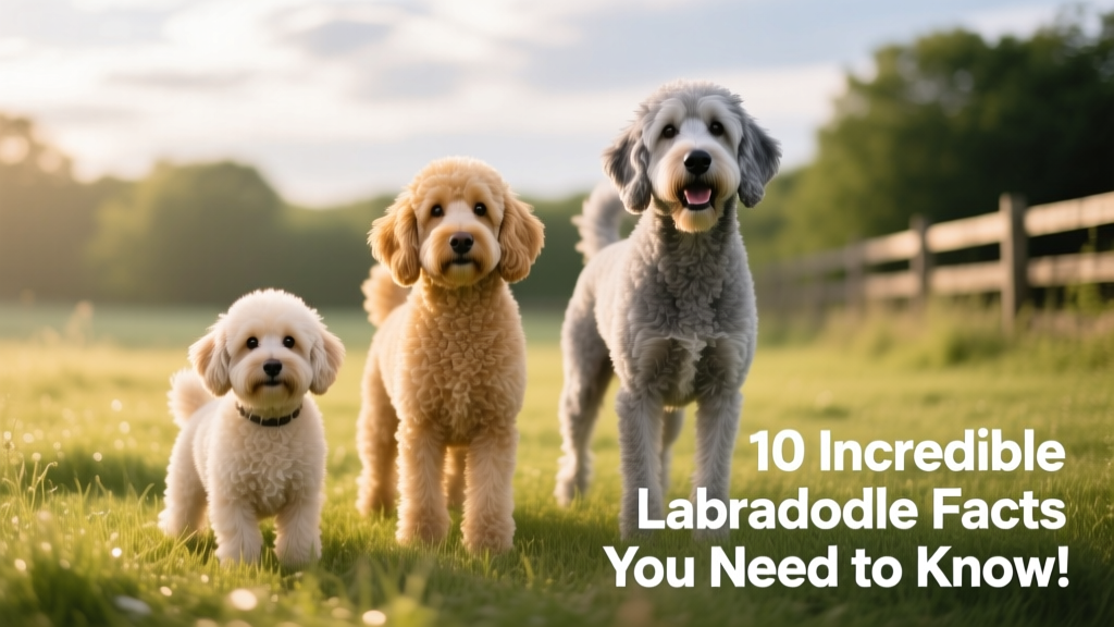 Three Labradoodles of different sizes—mini, medium, and standard—standing together on grass