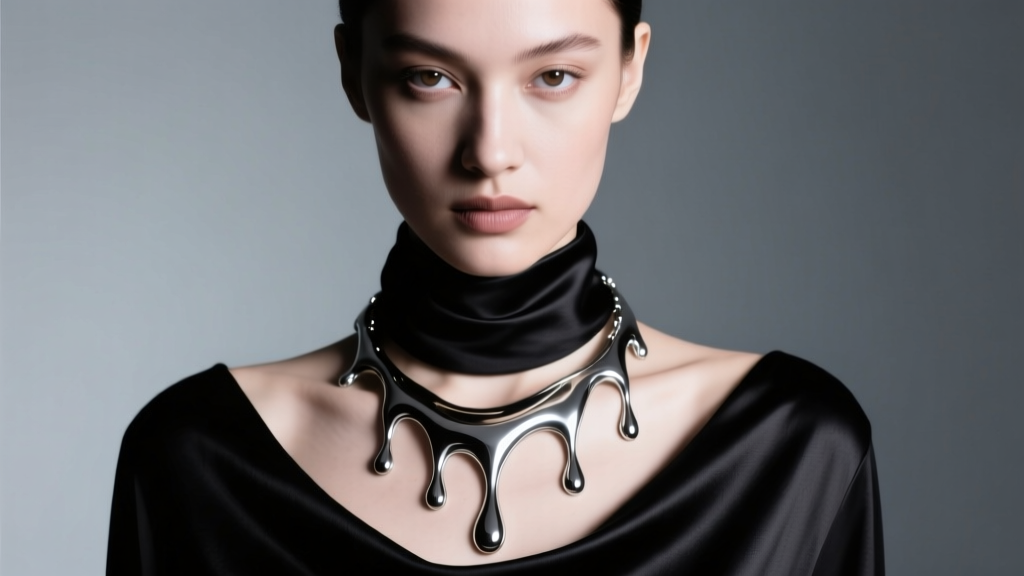 Close-up of a model wearing a molten silver drippy necklace over a black silk cowl top, highlighted by dramatic studio lighting