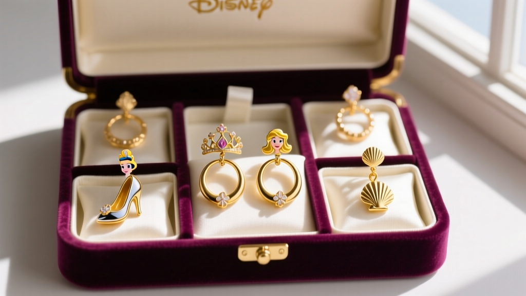 Open velvet jewelry box displaying gold Disney Princess hoop earrings, separated in individual anti-tarnish fabric compartments.