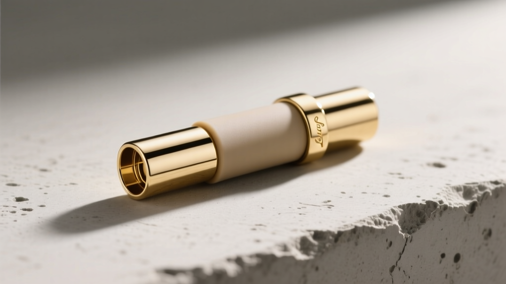 Sleek 18k white gold magnetic tube clasp with a hidden silicone friction grip, resting elegantly on a minimalist concrete surface
