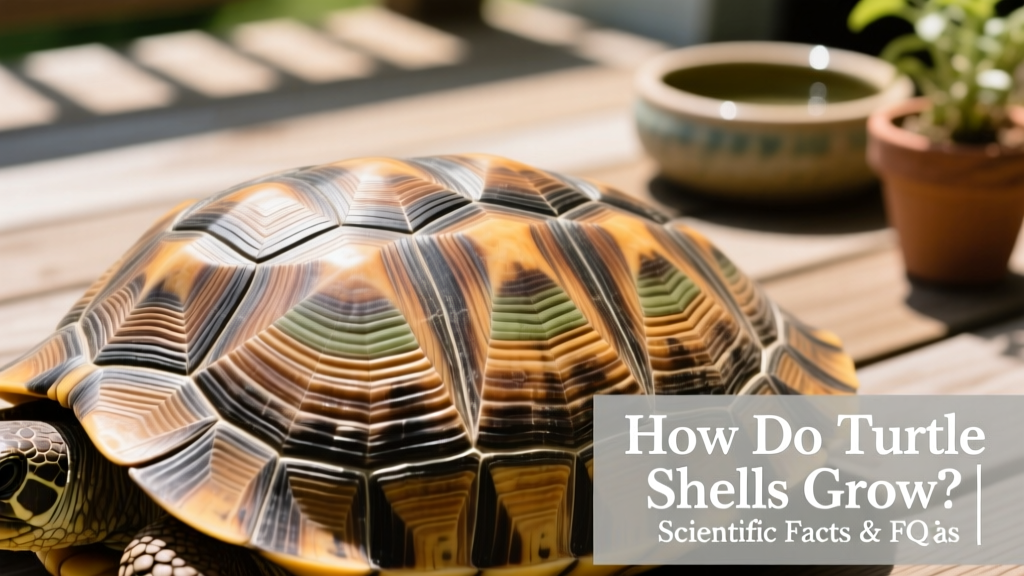 Close-up photo of a healthy turtle shell showing clear growth rings on individual scutes, with visible texture and subtle color variation
