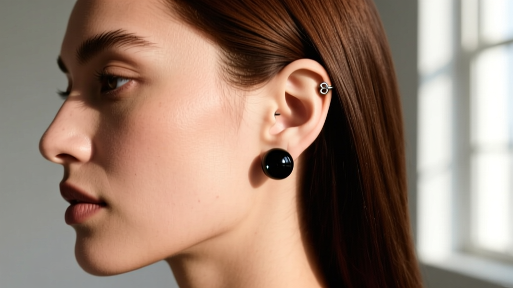 Side profile of a woman with an 8-gauge earlobe piercing showing healthy tissue and a smooth, dark glass eyelet plug inserted.