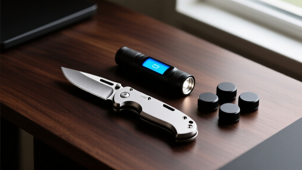 Everyday carry flat lay featuring a titanium pocket knife, OLED keychain flashlight, and matte black smart dials on a dark walnut desk surface