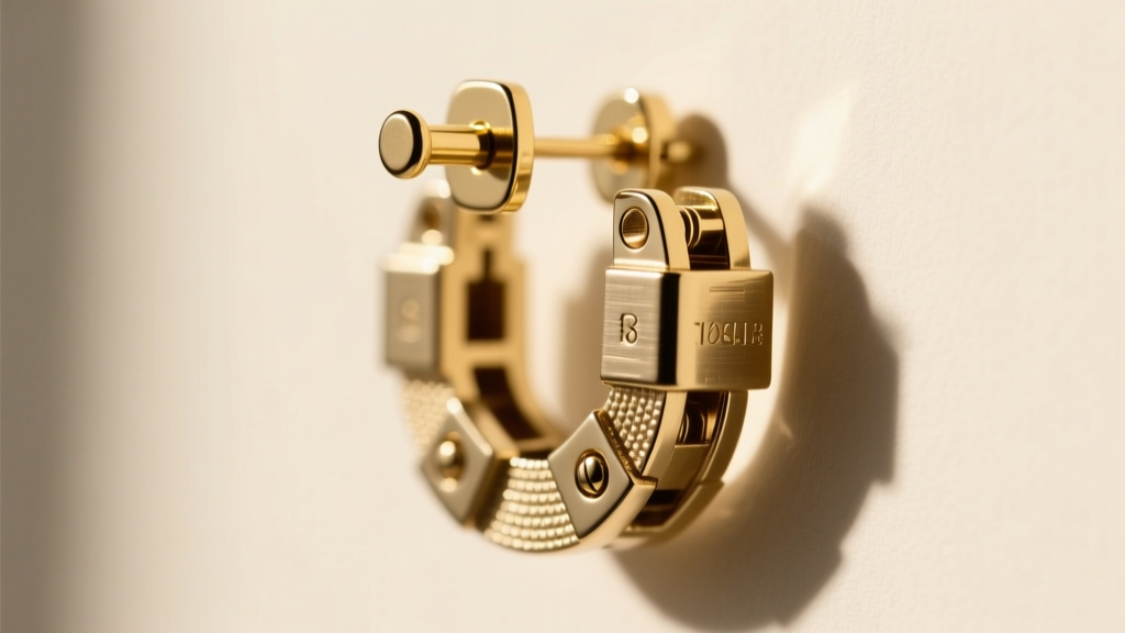 Close-up of 18-gauge gold post and hinge on a heavy die-cast scrapbook style drop earring against a soft cream backdrop