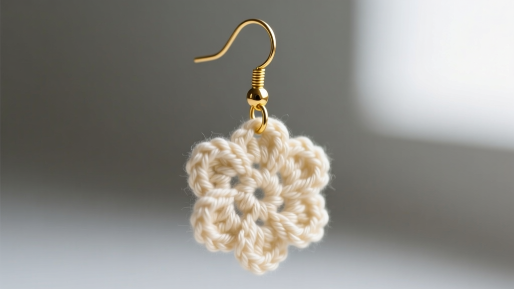 Macro shot of 20-gauge gold ear wire attached to a stiffened cream crochet floral drop earring via a tiny brass jump ring.