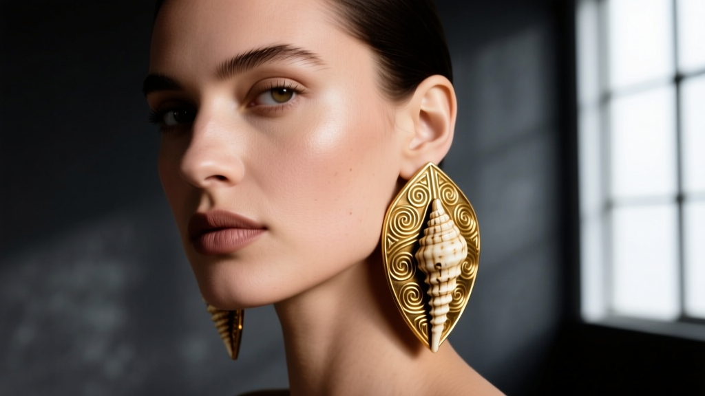 Close-up of a model wearing 14k gold neo-tribal conch shield earrings with organic bone textures against a moody studio backdrop.