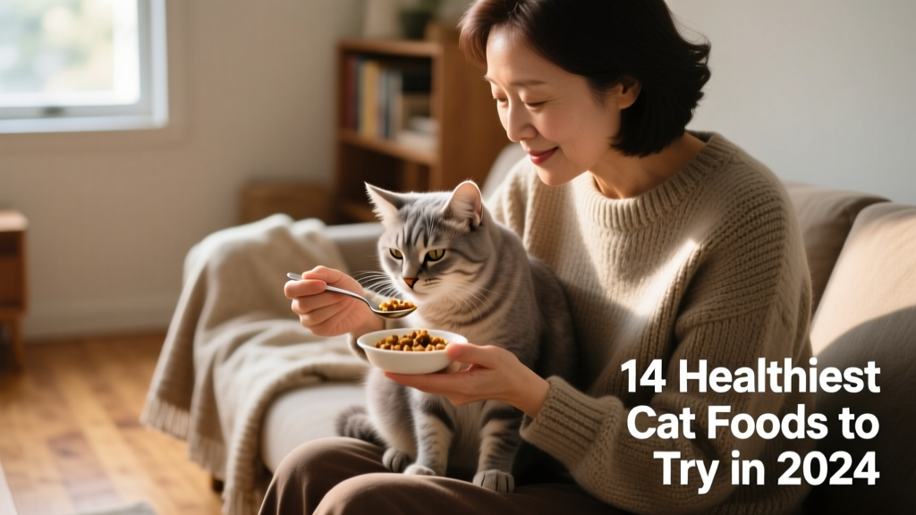 A person gently spoon-feeding wet food to a senior cat sitting comfortably on a lap