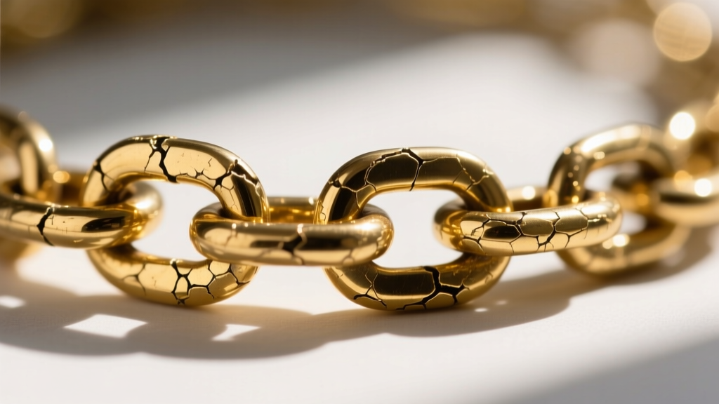 Macro photography of a worn jewelry chain link showing gold flash plating flaking off to reveal a dull brass base metal underneath.