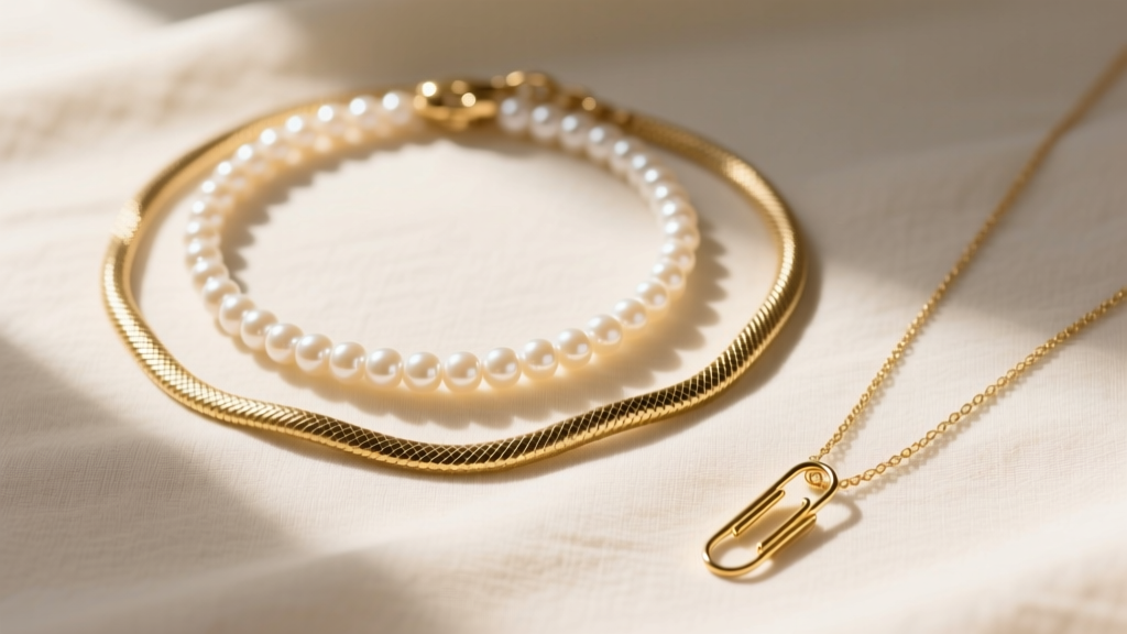 Flat lay of layered necklaces on cream linen, featuring a pearl choker, a gold snake chain, and a delicate paperclip pendant.