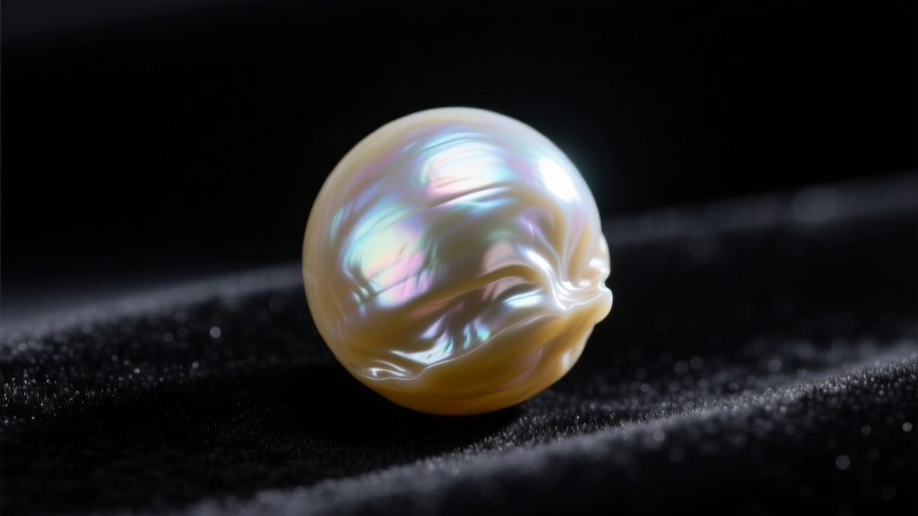 Macro photo of a single baroque freshwater pearl on black velvet, highlighting iridescent overtones and irregular surface ridges