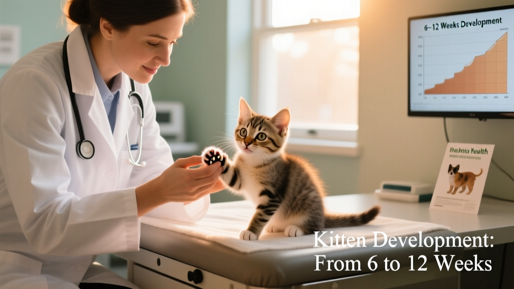Veterinarian gently examining a 10-week-old kitten on an exam table, holding its paw while checking teeth