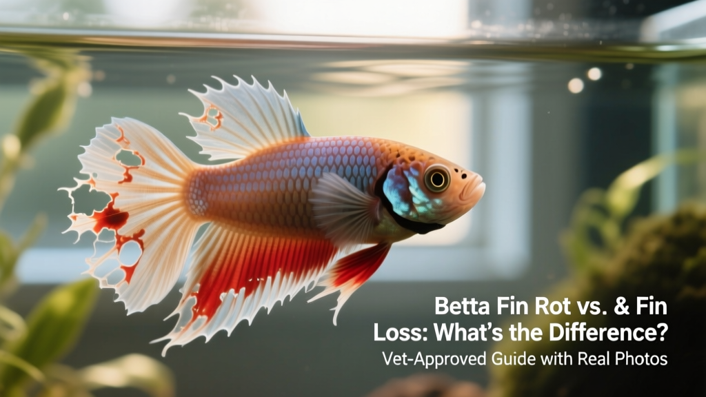 Close-up photo of a betta with clear signs of bacterial fin rot: jagged, translucent fin edges with subtle reddening at the base