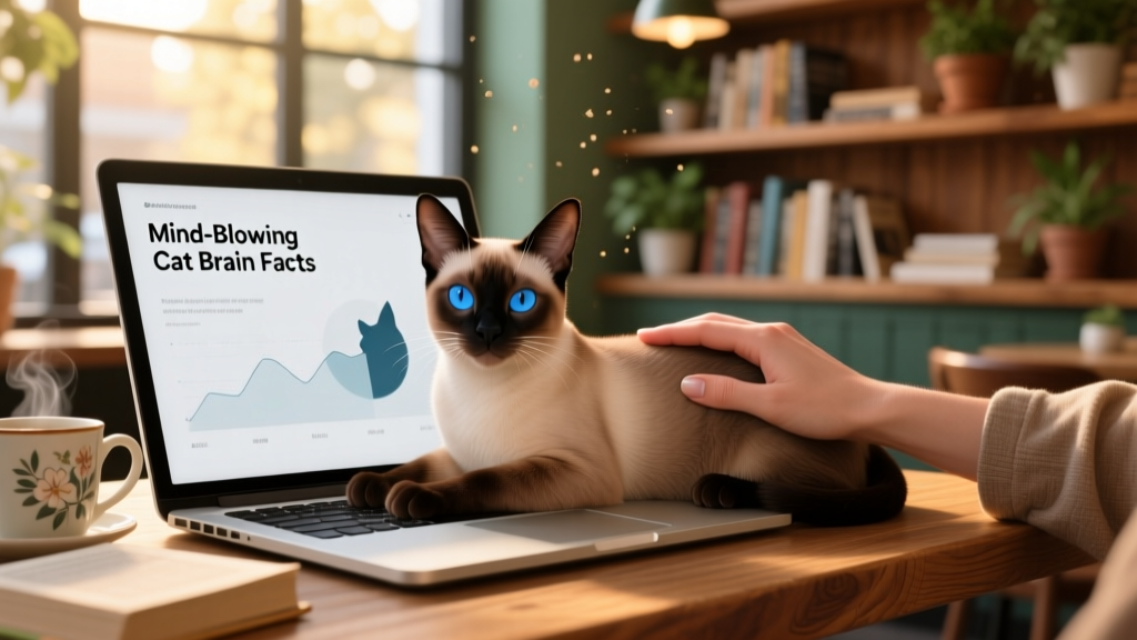 A Siamese cat lounging on an open laptop in a cozy café setting, being gently stroked by a hand