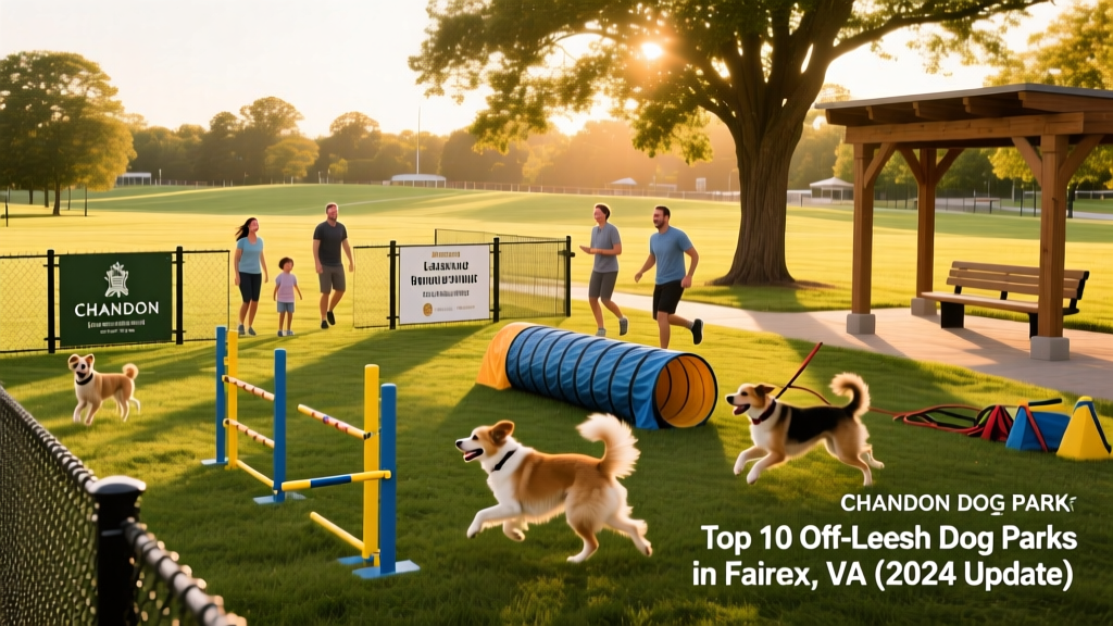 Chandon Dog Park showing separate fenced areas for large and small dogs, with agility equipment and shaded seating