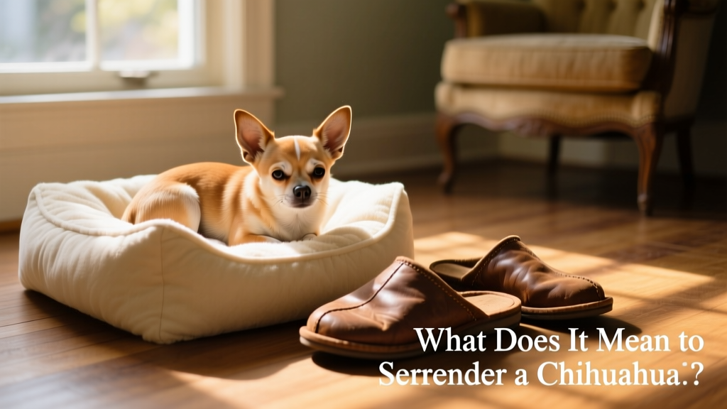 A Chihuahua curled up comfortably on a cozy dog bed beside a pair of slippers, suggesting warmth and belonging