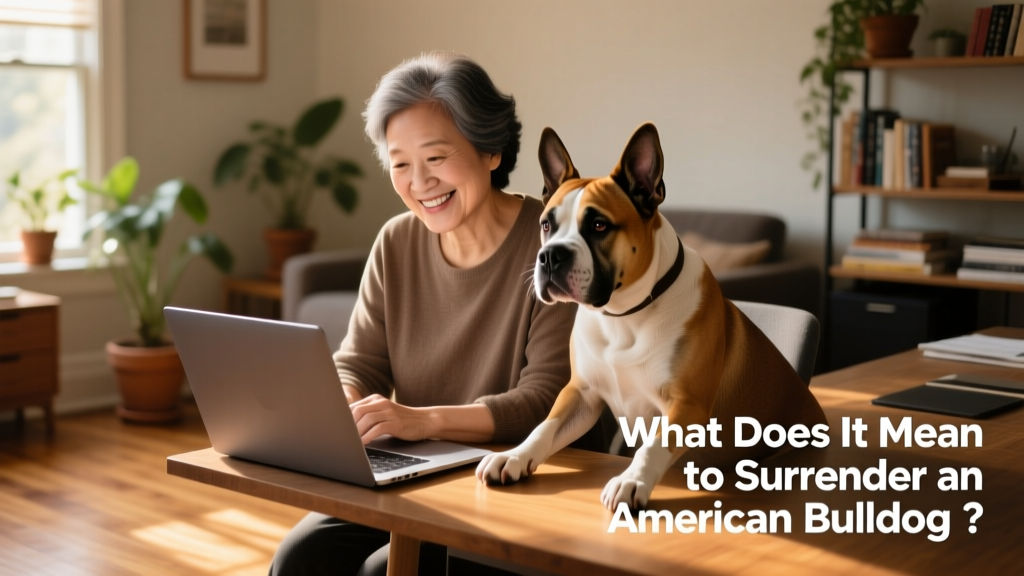 Person smiling while reviewing a dog profile on a laptop screen, with an American Bulldog sitting beside them
