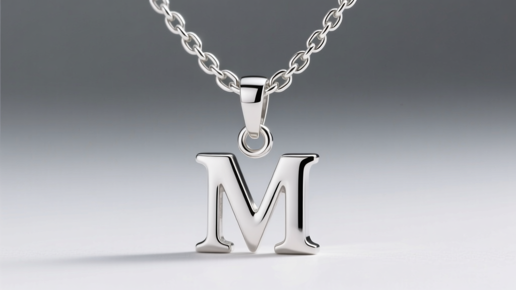 Macro shot of 1.2mm silver box chain threading through a soldered bail on a minimalist sans-serif silver M initial pendant