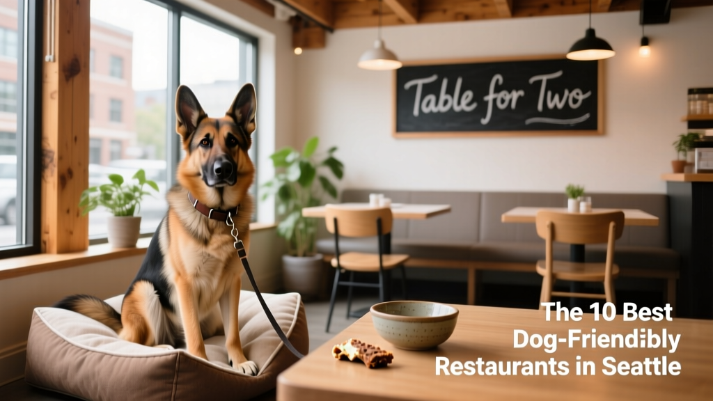 German shepherd sitting calmly inside a bright, airy Seattle restaurant while on leash