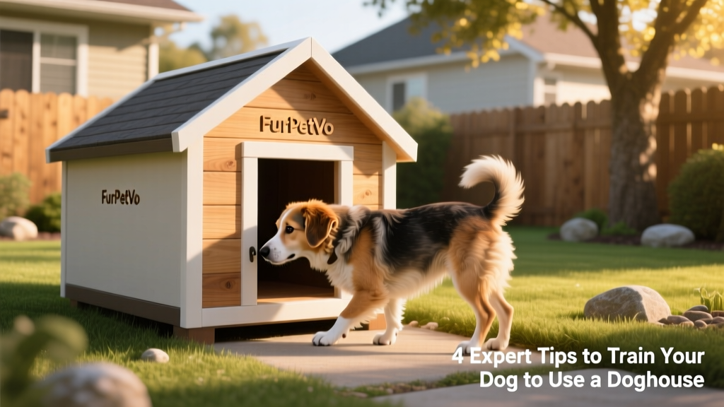 A calm, medium-sized dog curiously sniffing the entrance of a well-ventilated, weather-resistant FurPetVo doghouse in a backyard