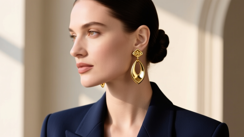 Profile of a woman wearing Coach gold Heritage Spade drop earrings, highlighting polished brass against a tailored navy blazer