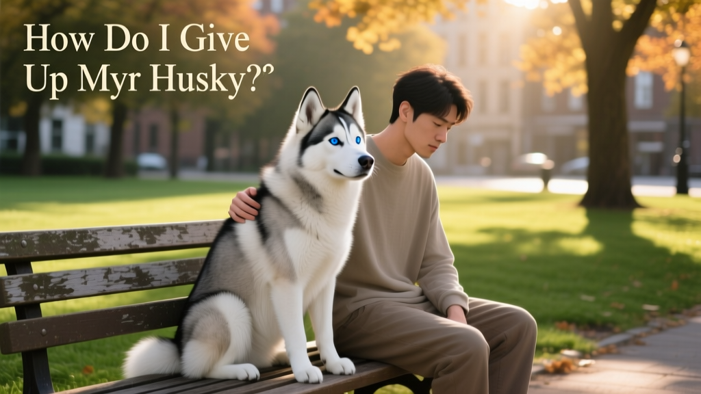 A calm, well-groomed Siberian Husky sitting beside a person on a grassy park bench