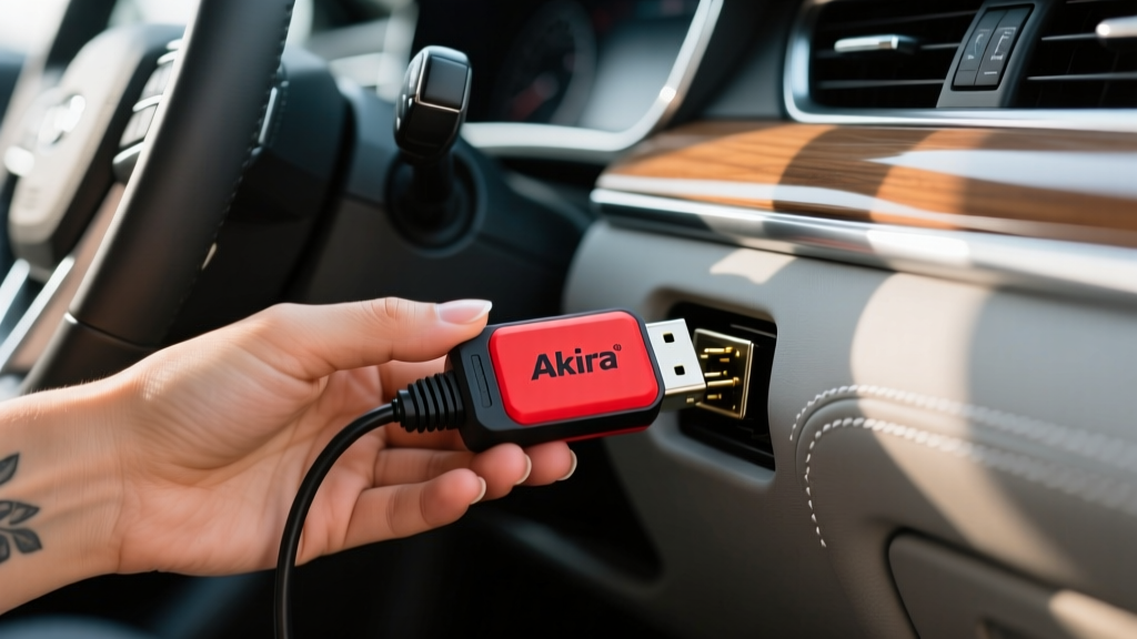 Hand holding a bright red Akira pill-shaped OBD2 scanner plugged into a vehicle diagnostic port under the steering wheel