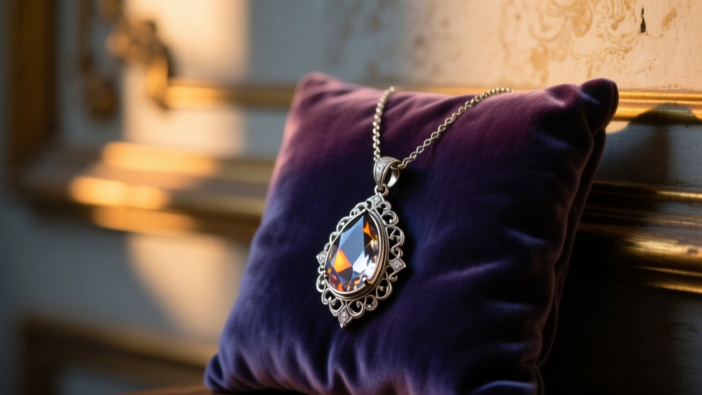 Delicate Regency-style silver pendant necklace with a teardrop crystal resting on faded velvet in soft moody lighting.