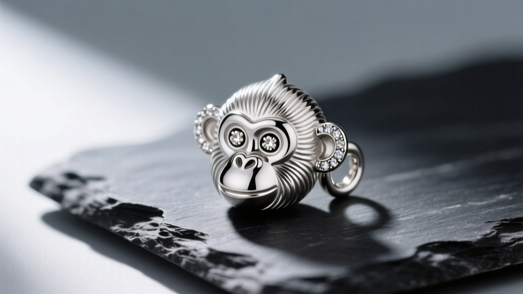 Close-up of a sterling silver monkey charm wearing tiny micro-pave hoop earrings, resting on a dark slate jewelry maker's bench.