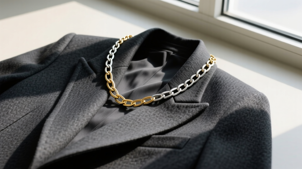 Flat lay of a tailored charcoal wool blazer draped with a mixed-metal 14k gold and sterling silver paperclip chain necklace