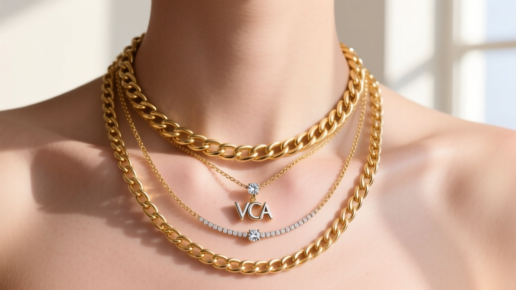 Layered gold chains with a VCA Sweet Alhambra pendant, a delicate rope chain, and a bezel diamond solitaire on a bare collarbone.
