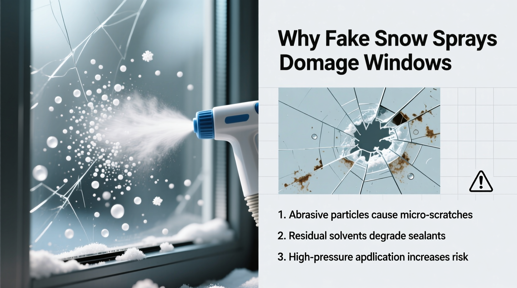 why do fake snow sprays sometimes damage window surfaces precautions