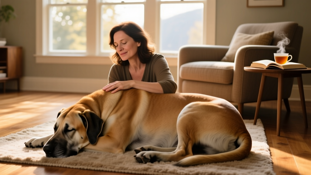 Woman gently resting her hand on a large, sleeping dog at home