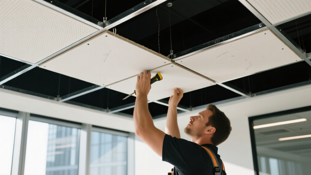 Close-up of a contractor installing white perforated 2x2 gypsum board ceiling tiles into a black suspended aluminum grid system in a modern office
