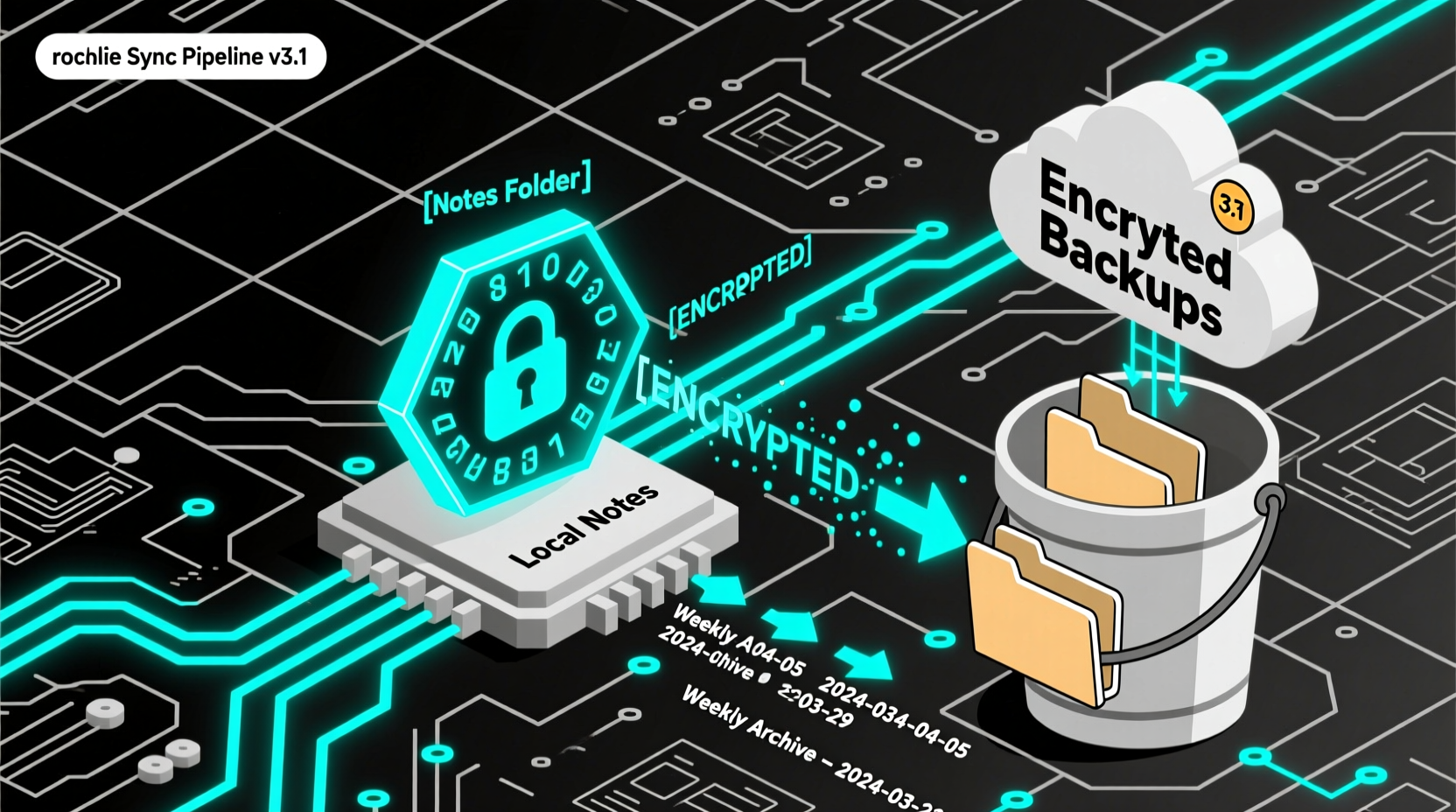 Diagram showing local notes folder syncing via rclone through an encryption layer into a cloud storage bucket labeled 'Encrypted Backups', with versioned archive subfolders dated weekly
